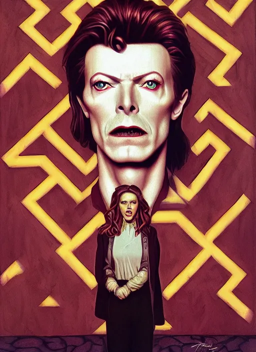 Image similar to twin peaks poster art, portrait of david bowie lost in the maze, other dimension, this is his fate for the next two years, by michael whelan, rossetti bouguereau, artgerm, retro, nostalgic, old fashioned