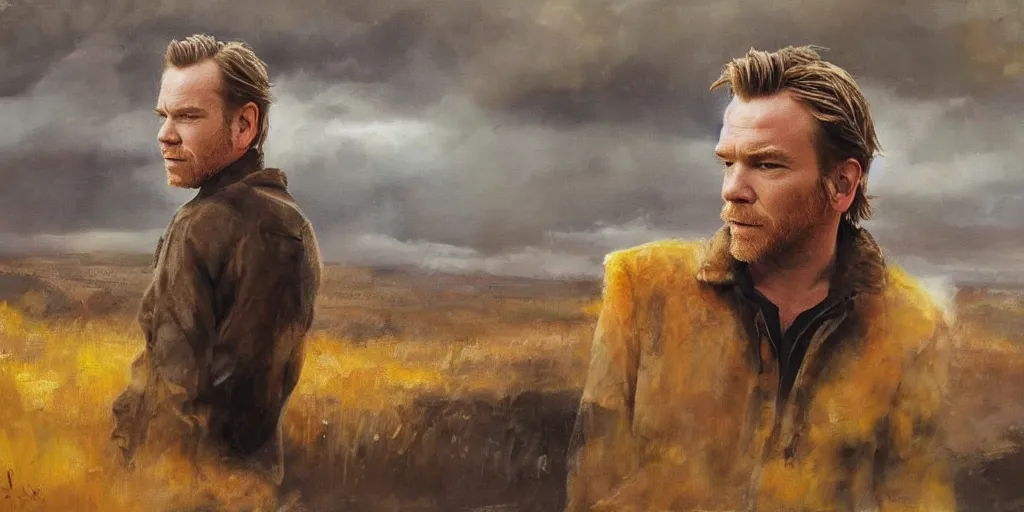 Image similar to we see ewan mcgregor from side. atmospheric feeling, warm colours, brown colours, yellow colours, epic scene, cinematic, very detailed, oil painting