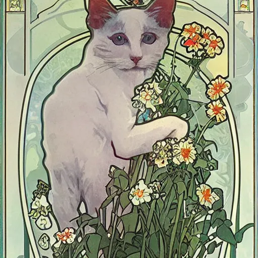 Image similar to white short haired cat, surrounded by flowers, Alphonse mucha, art nouveau, poster art, beautiful art nouveau advertisement