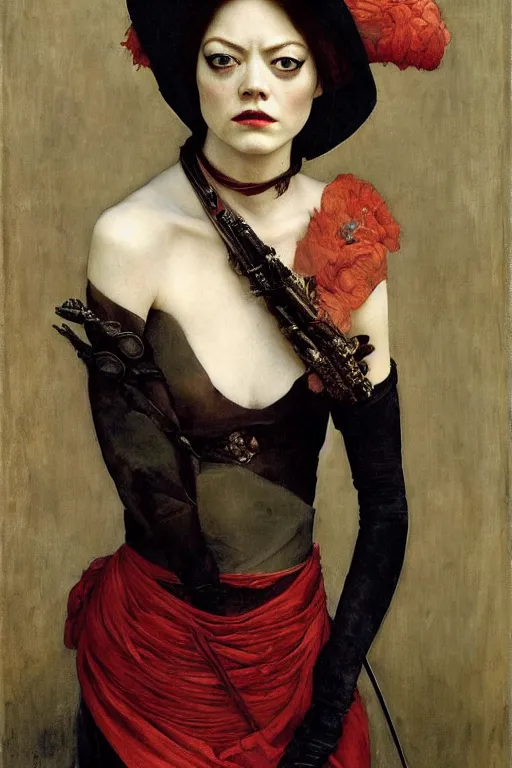 Image similar to emma stone as a bandit queen, goddes of the vampires, red silk dress, bloodshot eyes by edgar maxence and caravaggio and michael whelan and delacroix