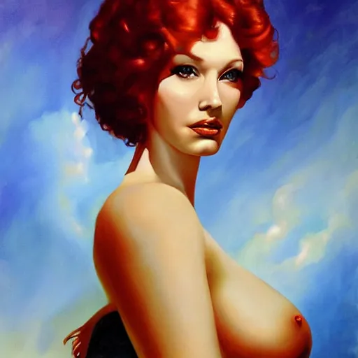 Prompt: christina hendricks as painted by boris vallejo and julie bell, oil on canvas