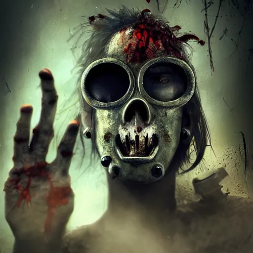 Image similar to post apocalyptic zombie in gasmask, details face, photo, bloody eyes, unreal engine, digital, artstation, detailed body, heavenly atmosphere, digital art, overdetailed art, trending on artstation, cgstudio, the most beautiful image ever created, dramatic, award winning artwork, beautiful scenery