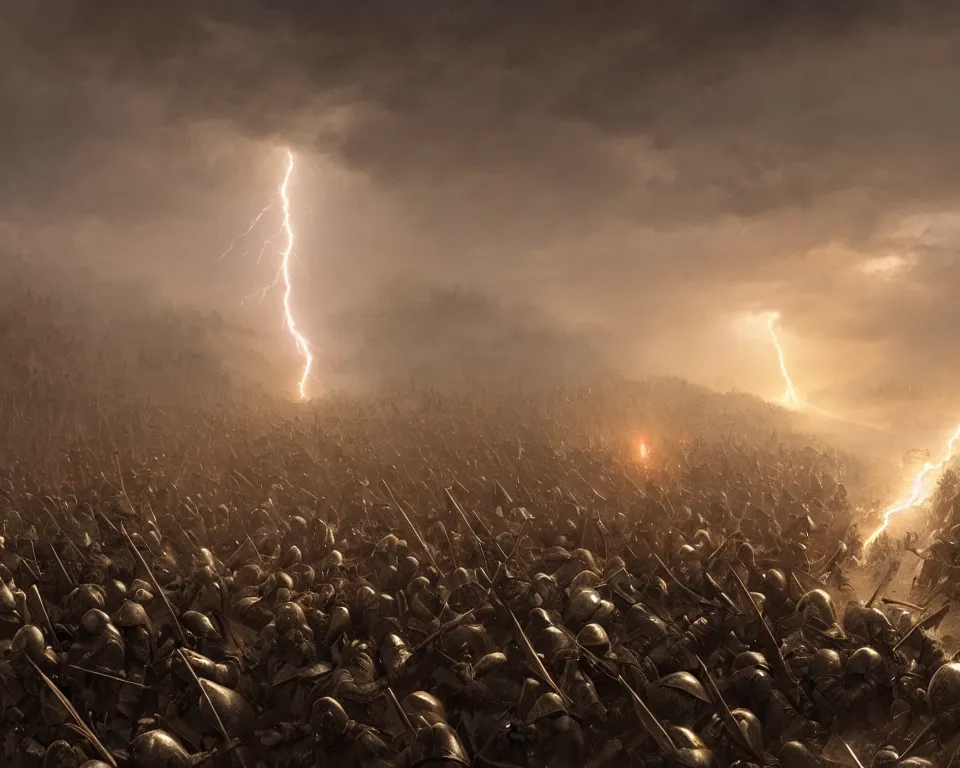 Prompt: medieval army on the left, medieval army on the right, wall made of lightning in the middle of the battlefield, trending on artstation, cgsociety, 8 k, cinematic, unreal engine, octane render, illustration digital painting, sharp focus, art by wlop and greg rutkowski, rule of thirds, golden ratio, ambient lighting