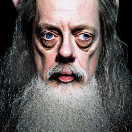 Image similar to portrait of Steve buscemi as Gandalf. Peter Jackson, lord of the rings, return of the king. cinematic, high detail, photography, 8k, iridescent accents