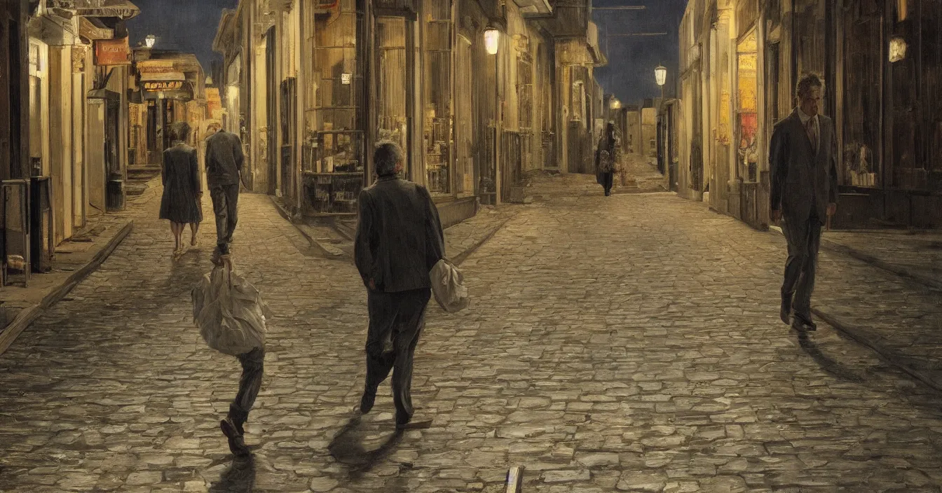 Image similar to high quality high detail painting of todd solondz walking with a friend in an empty tel aviv street, night, by lucian freud and gregory crewdson, hd, photorealistic lighting