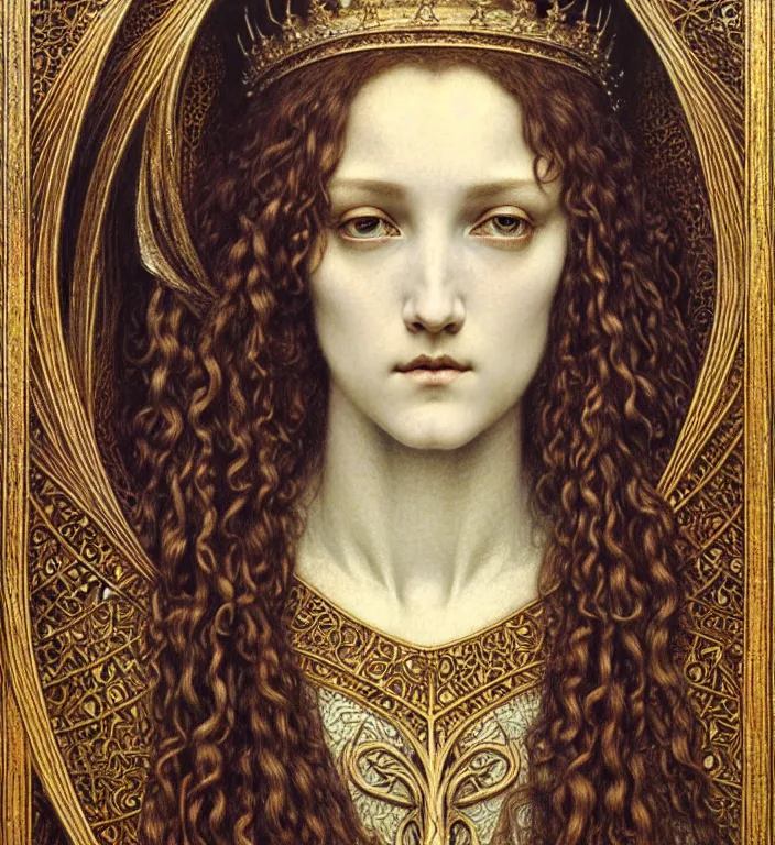 Image similar to detailed realistic beautiful young medieval queen face portrait by jean delville, gustave dore and marco mazzoni, art nouveau, symbolist, visionary, gothic, pre - raphaelite. horizontal symmetry