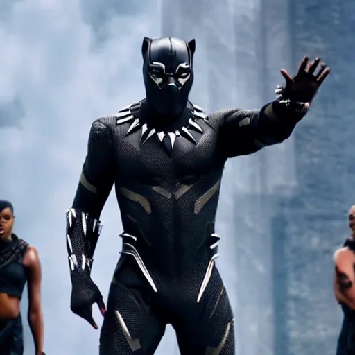 Image similar to kanye west as black panther, action shot, marvel movie,