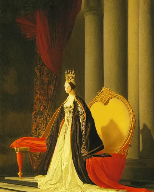 Prompt: an illustration of a queen on a throne at night by johann heinrich fussli, realistic, detailed, oil painting, 1 9 th