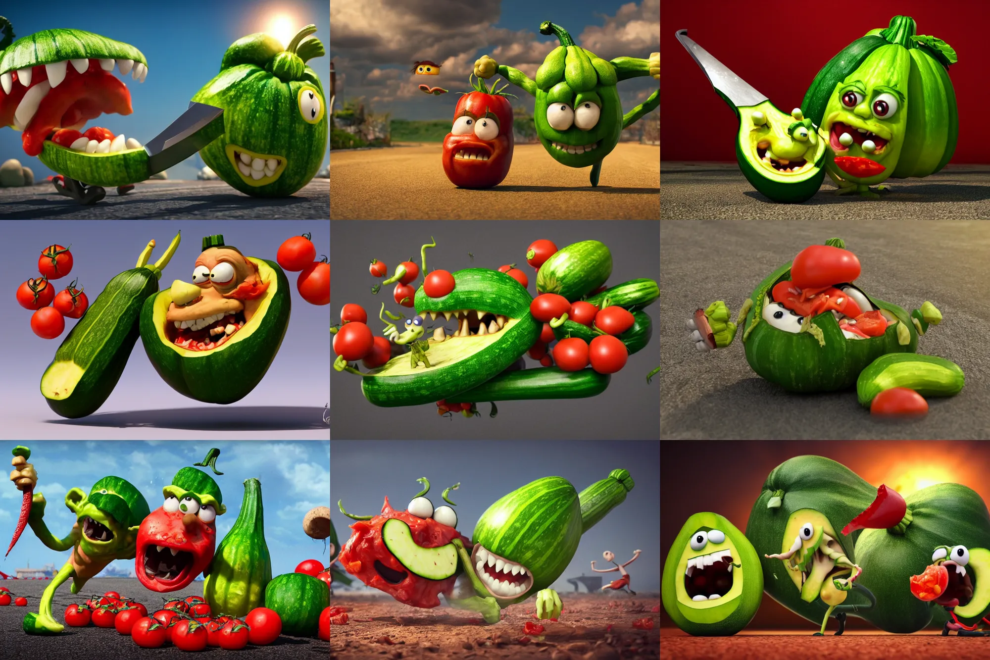 Prompt: detailed 3 d render of a mad zucchini with a bloody sword in his hand, running down a winded road chasing after a group of scared tomatoes, hyper realistic octane render, dramatic lighting, high speed chase, wide angle, nightmare, surrealism, pixar, disney, cartoon