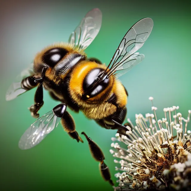 Prompt: a macro 8k photograph of robotic bees, nature photography, macro