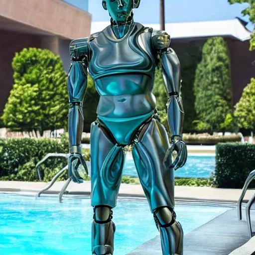 Image similar to a realistic detailed photo of a guy who is an attractive humanoid who is half robot and half humanoid, who is a male android, wrestler bo nickal, shiny skin, posing like a statue, blank stare, by the pool, on display, showing off his muscles, humanoid robot, frozen ice statue