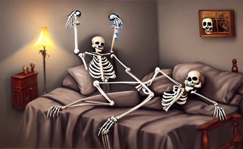 Image similar to matte oil painting of a skeleton dressed in pajamas and nightcaps and robes and slippers inside of a dim bedroom that is full of knickknacks and toys, sleepy, cozy, warm