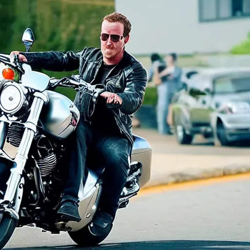 Prompt: Mark Zuckerbeg plays Terminator, rides a Harley motorobike, action scene