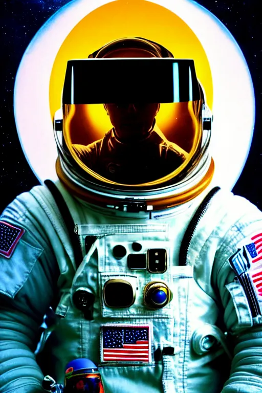 Image similar to extremely detailed portrait of space astronaut, wearing gloves, holds iphone, iphone visible, iphone in hand, reflection of the moon in visor, alien looking over shoulder from behind, extreme close shot, dramatic backlight, award winning photo by david lachapelle