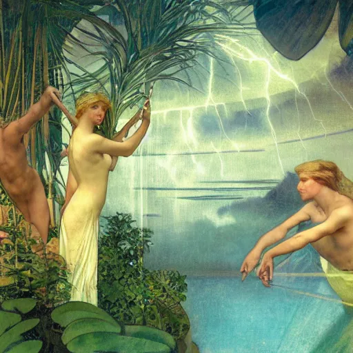 Prompt: The maze, refracted sparkles, thunderstorm, greek pool, beach and Tropical vegetation on the background major arcana sky, by paul delaroche, alphonse mucha and arnold böcklin, hyperrealistic symmetrical 8k, award-winning, very very very detailed