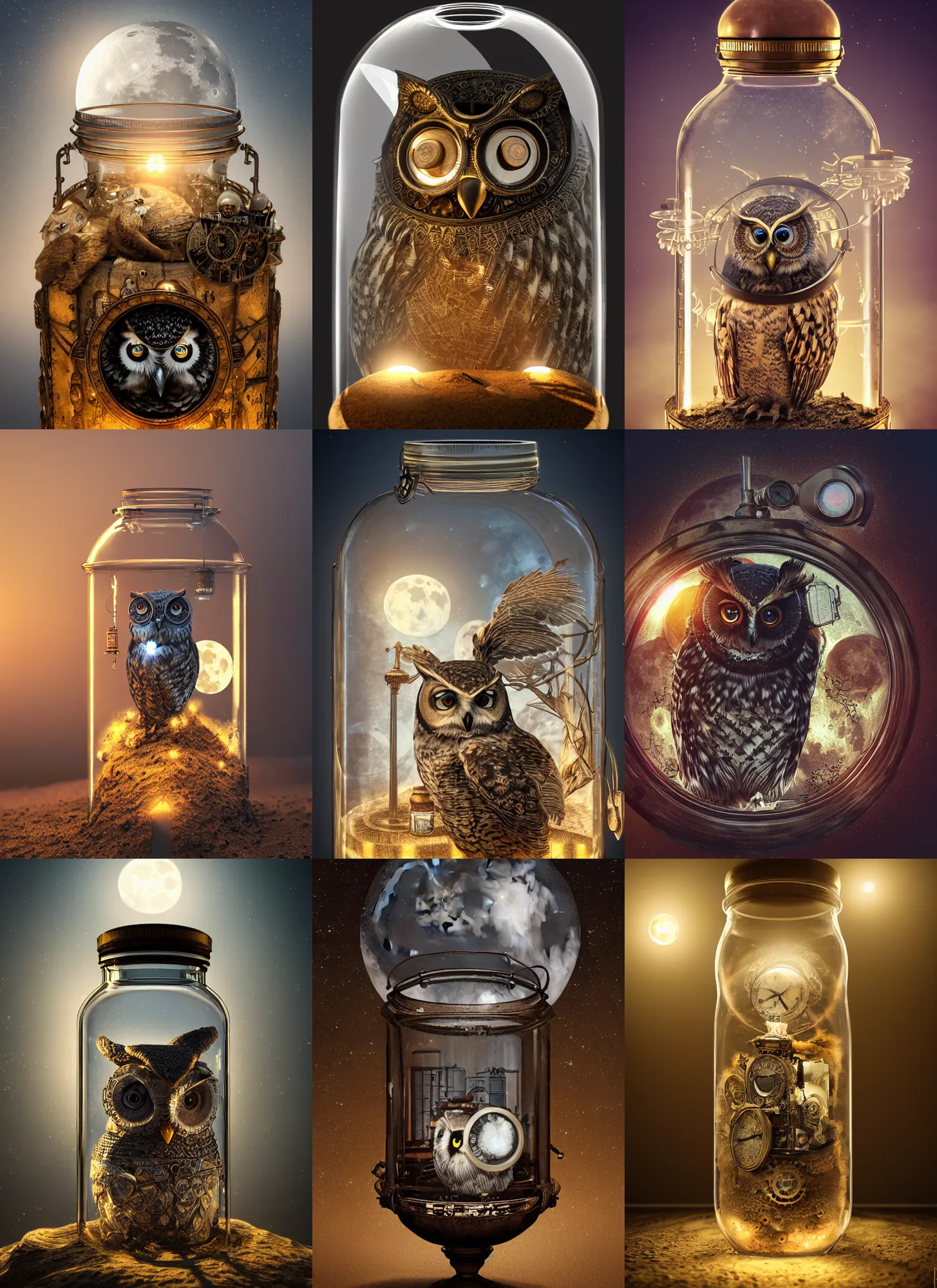 Prompt: owl detective inside a steampunk glass jar, full moon buried in sand, intricate detail, hyper detailed, ultra realistic, sharp focus, octane render, lantern, volumetric, ray tracing, artstation trending, big ben on the moon, cgsociety, sense of awe, mystical, moon, 4 k