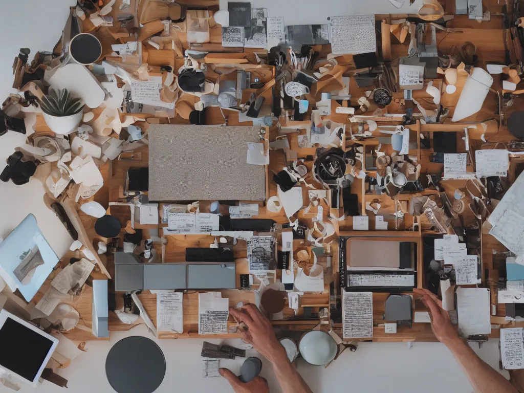 Image similar to pov candid photo of my hands at my desk, rows upon rows of perfectly organized knolled objects during sunrise in a cozy open - air design studio by james turrell, scale model floating in midair in front of me, brilliant daylight vr os ux, leica 8 k still from an a 2 4 film