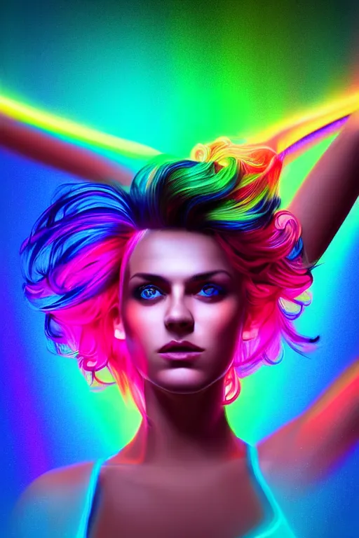 Image similar to a award winning half body portrait of a beautiful woman with stunning eyes in a croptop and cargo pants with rainbow colored ombre hairstyle head in motion and hair flying by thomas danthony, surrounded by whirling illuminated neon lines, outrun, vaporware, shaded flat illustration, digital art, trending on artstation, highly detailed, fine detail, intricate