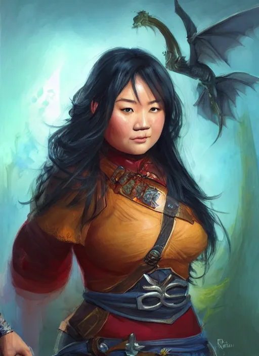 Prompt: slightly chubby asian with medium black parted hair, dndbeyond, bright, colourful, realistic, dnd character portrait, full body, pathfinder, pinterest, art by ralph horsley, dnd, rpg, lotr game design fanart by concept art, behance hd, artstation, deviantart, hdr render in unreal engine 5