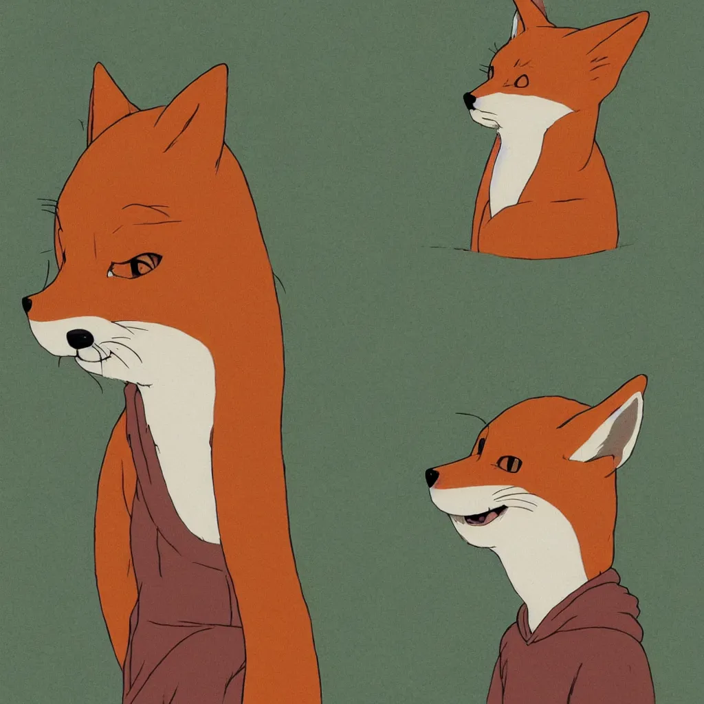 Image similar to a portrait of an anthropomorphic fox wearing a hoodie by studio ghibli