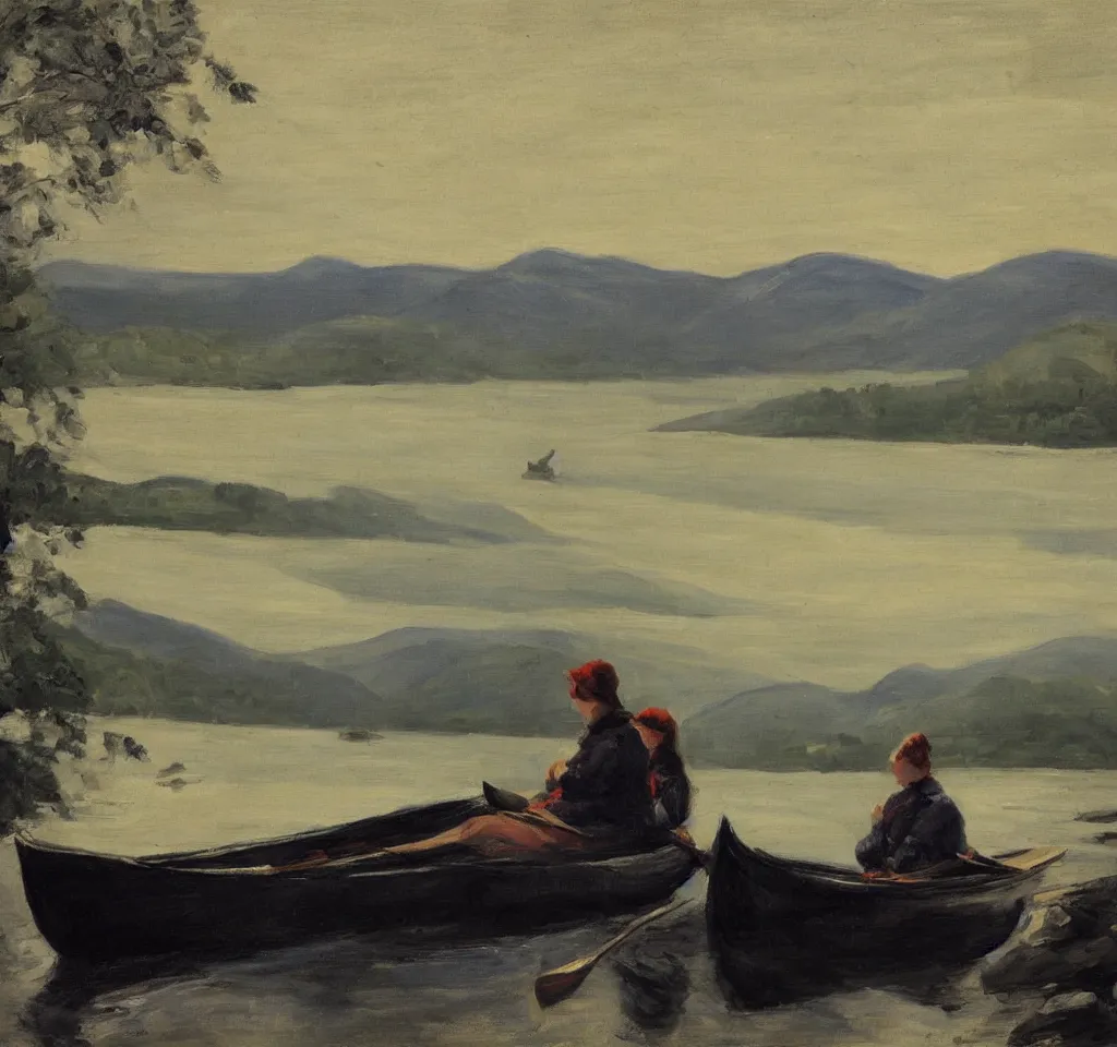 Image similar to one beautiful woman sitting in canoe on the hudson river, mountains in mist in the background, oil painting, style of george bellows