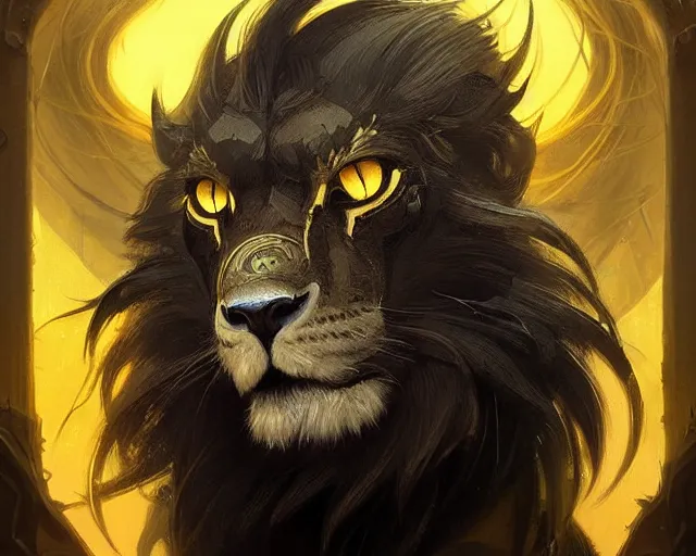 Image similar to black lion with deep big yellow eyes, deep focus, d & d, fantasy, intricate, elegant, highly detailed, digital painting, artstation, concept art, matte, sharp focus, illustration, hearthstone, art by artgerm and greg rutkowski and alphonse mucha