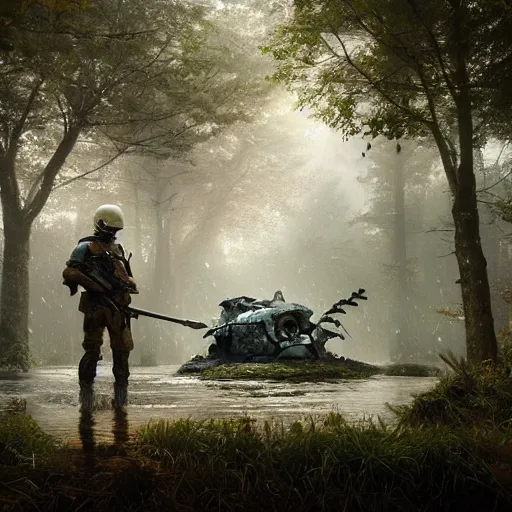 Image similar to concept art of huge trooper helmet, trees, puddles of water, bushes and leafs, by filip hoda, beeple, greg rutkowski, octane render, cryengine, details, hyper realistic