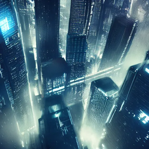 Prompt: blade runner, cyberpunk, futuristic, drones in the sky, sunrise, cold, rainy, sharp focus, view from the top of a big building, water at the ground, boats,