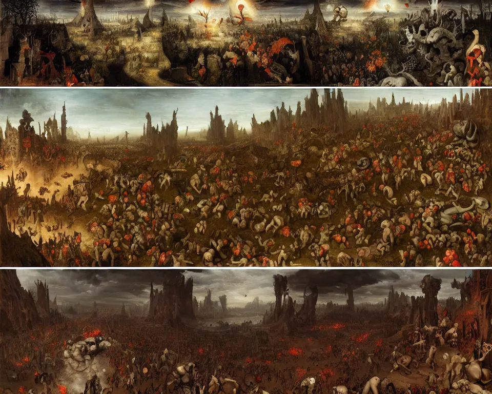 Image similar to doom eternal by jakub rozalski, zoomed garden of eternal delights hell by hieronymus bosh, zoom on triumph of death by pieter brueghel, doom eternal by hieronymus bosh