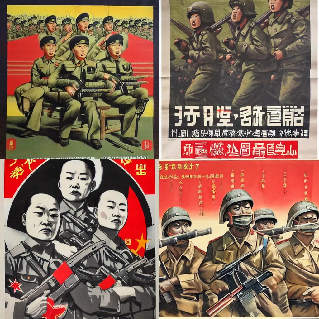 Prompt: a Chinese propaganda poster promoting the people's liberation army fighting in World War 3, WW3, dystopian future, communist propaganda