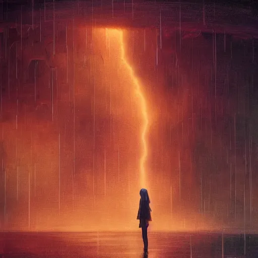 Image similar to silhouette of Elle Fanning in the world of Bruce Pennington, stormy weather, extremely detailed masterpiece, oil on canvas, low-key neon lighting, artstation, Blade Runner 2049, Roger Deakin’s cinematography, by J. C. Leyendecker and Peter Paul Rubens,