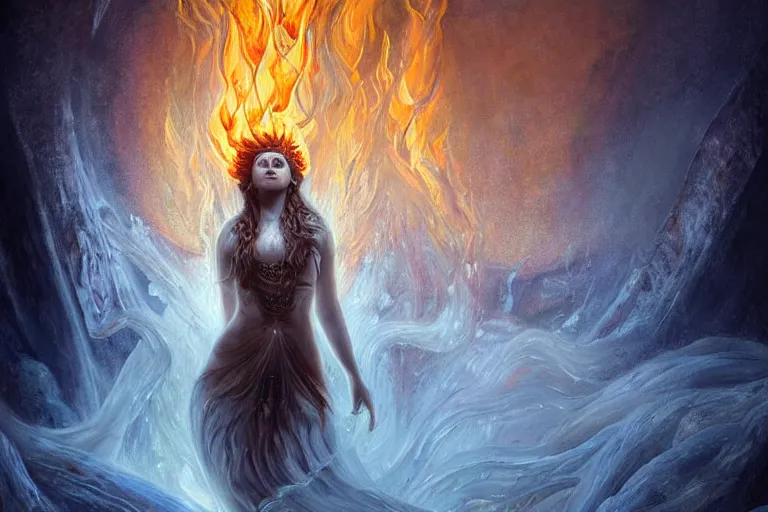 Prompt: Majestic painting of a beautiful young female fire goddess!! being corrupted by ice, intricate, epic, elegant, menacing, fantasy, highly detailed, digital painting, hard focus, beautiful volumetric lighting, epic light, ultra detailed, souls, smoke, icicle, frozen by Leesha Hannigan, Ross Tran, Thierry Doizon, Kai Carpenter, Ignacio Fernández Ríos