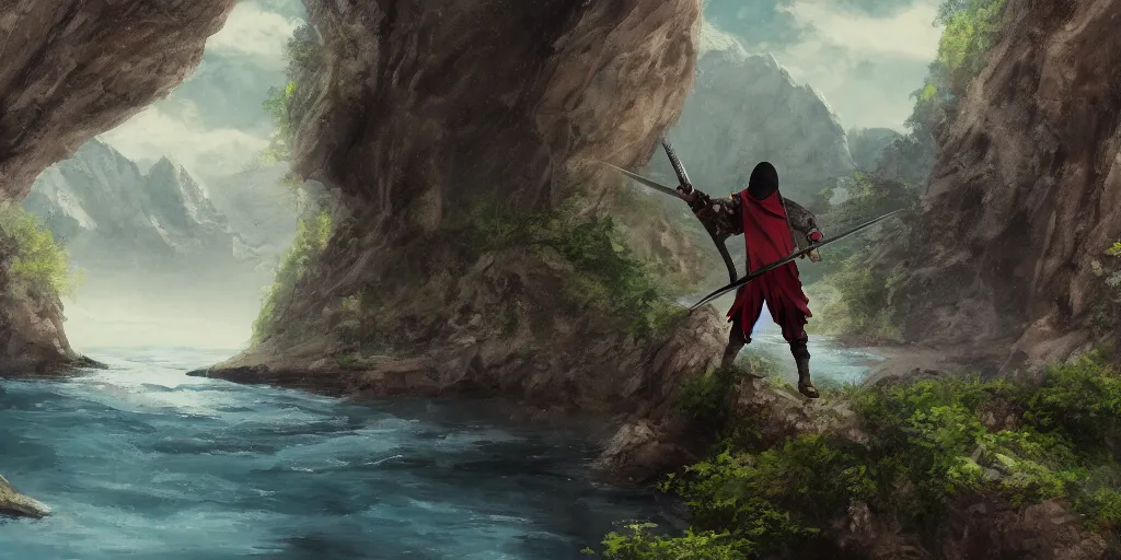 Image similar to a beautiful cinematic image of a hooded boy wielding a sword on a beautiful cliff side below a river, cinematic, 4k, realistic, anime artwork, rtx, hyperrealistic, unreal