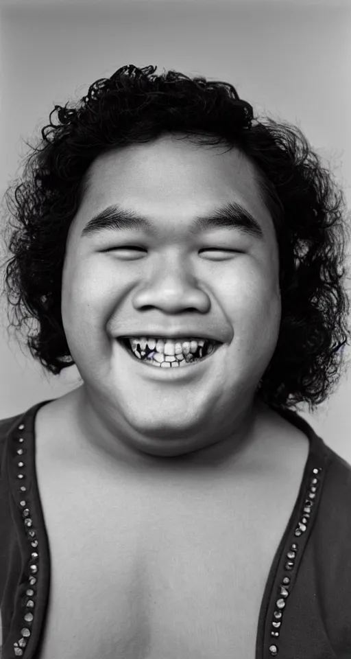 Image similar to photograph of one fat filipino teenage boy smiling with crooked teeth, with a curly perm, and with small studded earings, 4 k, photorealistic, high detail by richard avedon