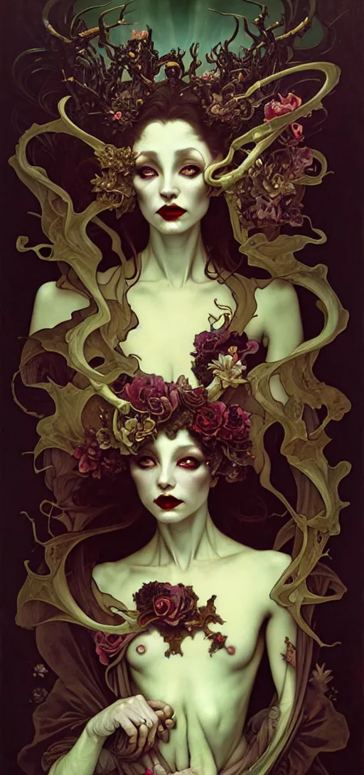 Image similar to baroque oil painting of full body vampire princess portrait, by nekro, peter mohrbacher, alphonse mucha, brian froud, yoshitaka amano, kim keever, victo ngai, james jean