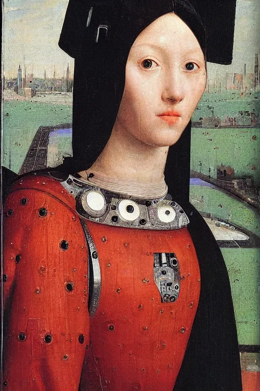 Image similar to a close - up portrait of a cyberpunk cyborg girl, by jan van eyck, rule of thirds