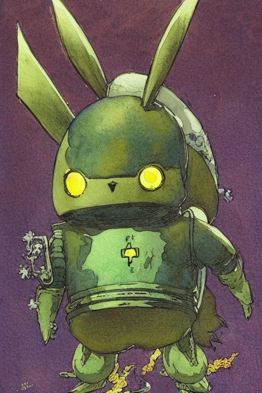 Prompt: a simple and atmospheric watercolour fantasy character concept art portrait of a mechanized android pikachu as a druidic warrior wizard looking at the camera with an intelligent gaze, very muted colors, by rebecca guay, michael kaluta, charles vess and jean moebius giraud