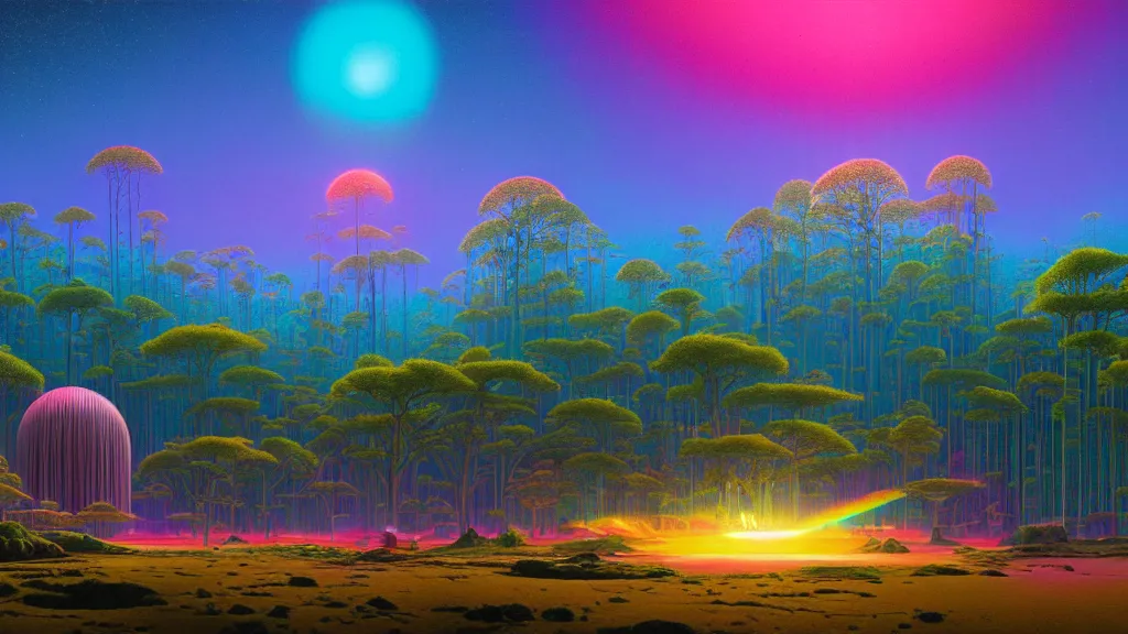 Prompt: highly detailed holographic iridescent sci fi world with forests, deserts, oceans, at dusk, by gilbert williams, by simon stalenhag, by beeple, by bruce pennington, by moebius, featured in juxtapoz, dynamic composition, octane render, with many different pastel shades of blue pink orange yellow green, beautiful lighting, prismatic