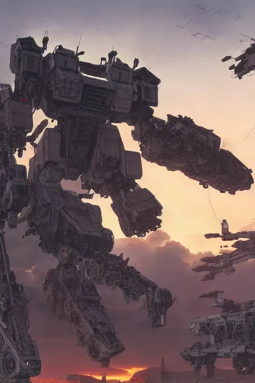 Prompt: A real photo of a Huge Mechwarrior prepared for battle and the sunset in the distance, by Josan Gonzalez, Yoji Shinkawa and Geof Darrow, highly detailed, Unreal Engine Render, 3D, 8k wallpaper