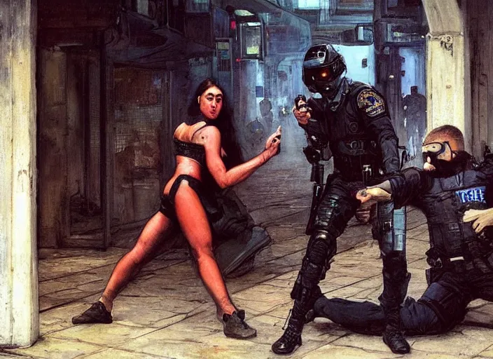 Image similar to Maria evades sgt Griggs. clever Cyberpunk hacker escaping Menacing Cyberpunk police trooper griggs. (dystopian, police state, Cyberpunk 2077, bladerunner 2049). Iranian orientalist portrait by john william waterhouse and Edwin Longsden Long and Theodore Ralli and Nasreddine Dinet, oil on canvas. Cinematic, vivid colors, hyper realism, realistic proportions, dramatic lighting, high detail 4k