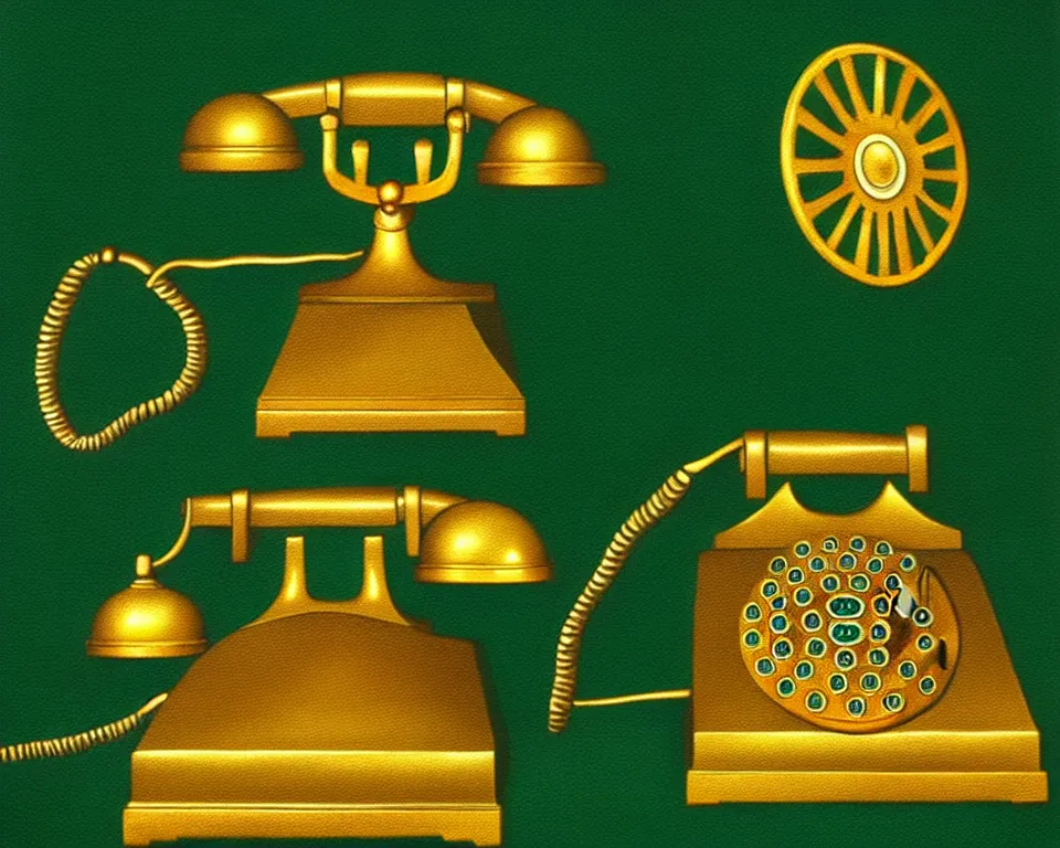 Prompt: an achingly beautiful print a golden rotary phone on a dark green background by Raphael, Hopper, and Rene Magritte. detailed, romantic, enchanting, trending on artstation.