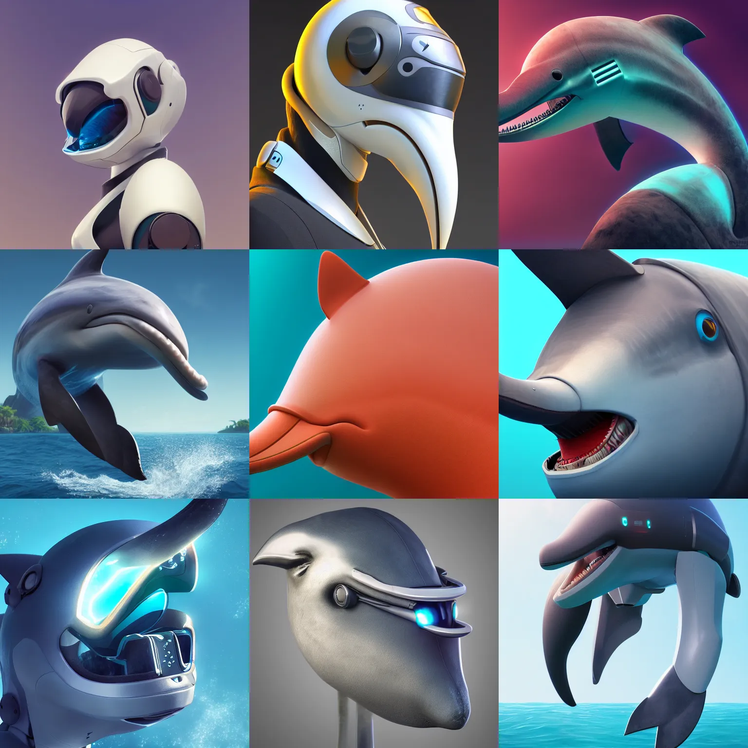 Prompt: furry art, profile picture of a male robotic anthro bottlenose dolphin, visor over face, rounded beak, commission on furaffinity, cgsociety, octane render, subnautica