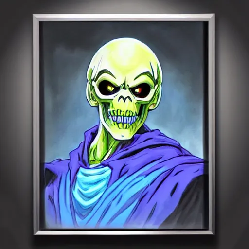 Image similar to ultra realistic portrait painting of skeletor as a jester, art by akira toriyama, 4 k, dragon ball artstyle, cel shaded, highly detailed, epic lighting