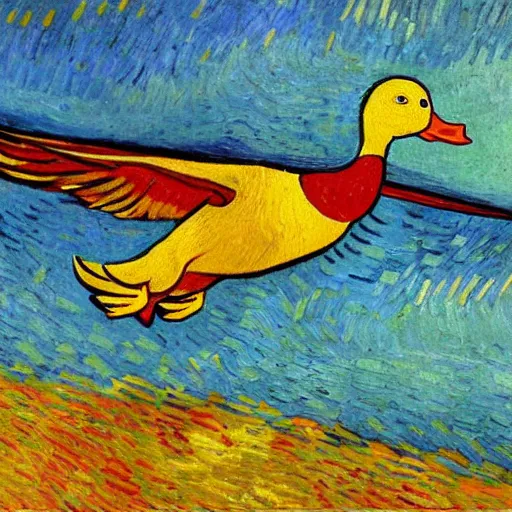 Image similar to flying duck, by van gogh