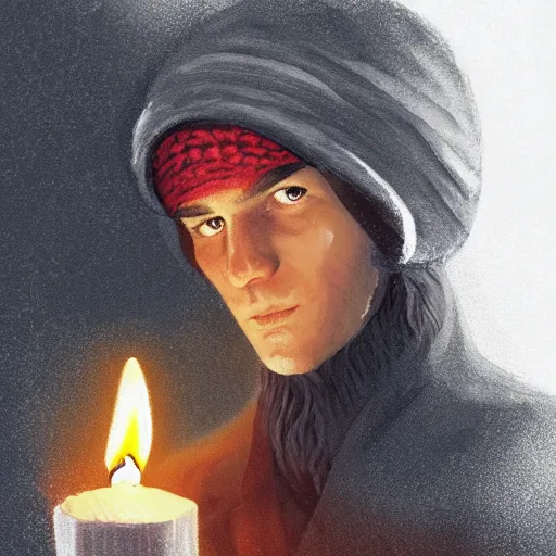 Image similar to a male adventurer wearing a black night cap with a pom pom at the end, holding a candle, portrait, d & d, science fiction, concept art, matte, sharp focus, illustration, concept art, jason chan, dan luvisi, karl thiart