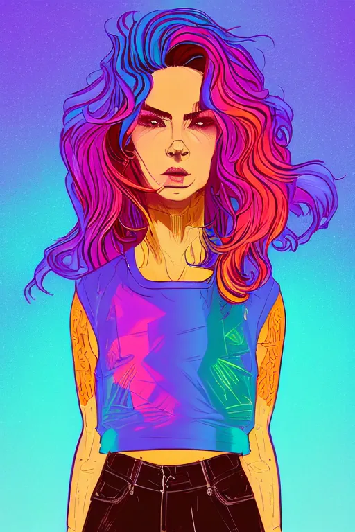 Image similar to a award winning half body portrait of a beautiful woman with stunning eyes in a printed croptop and cargo pants with rainbow colored ombre hairstyle head in motion and hair flying by josan gonzales, outrun, vaporware, shaded flat illustration, digital art, trending on artstation, highly detailed, fine detail, intricate