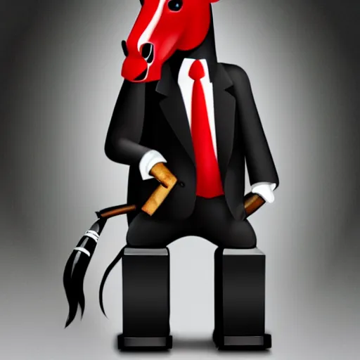 Image similar to an antropomorphic horse wearing a suit smoking a cigar