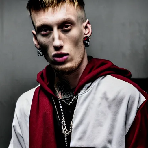 Image similar to mgk after battling eminem, realistic 8 k professional photography, midday lighting, defiant, octane, volumetric lighting, 7 0 mm,