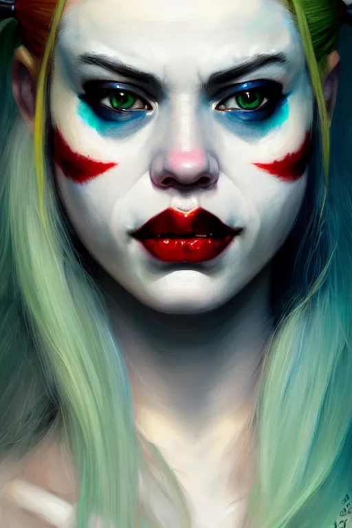 Prompt: ultra detailed close up facial portrait of harley quinn, green eyes, sharp bone structure, extremely detailed digital painting, in the style of fenghua zhong and ruan jia and jeremy lipking and peter mohrbacher, mystical colors, rim light, beautiful lighting, 8 k, stunning scene, raytracing, octane, trending on artstation