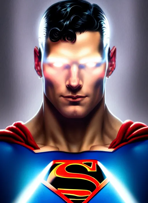 Image similar to symmetry!! portrait of superman, sci - fi, tech wear, glowing lights!! intricate, elegant, highly detailed, digital painting, artstation, concept art, smooth, sharp focus, illustration, art by artgerm and greg rutkowski and alphonse mucha